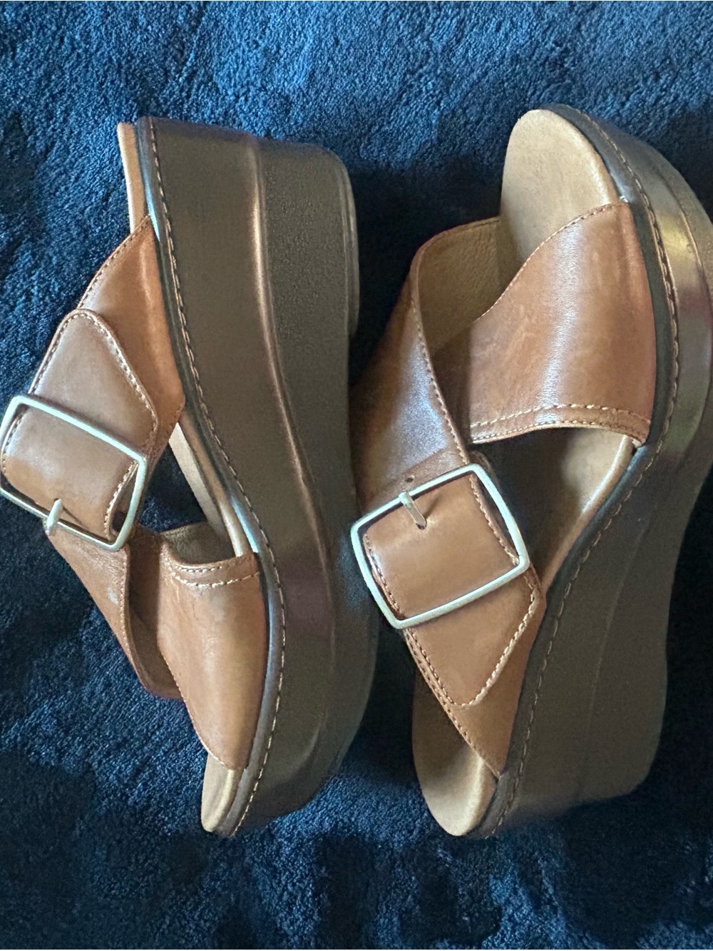 Dansko Tan Leather Platform Slide Sandals with Buckle